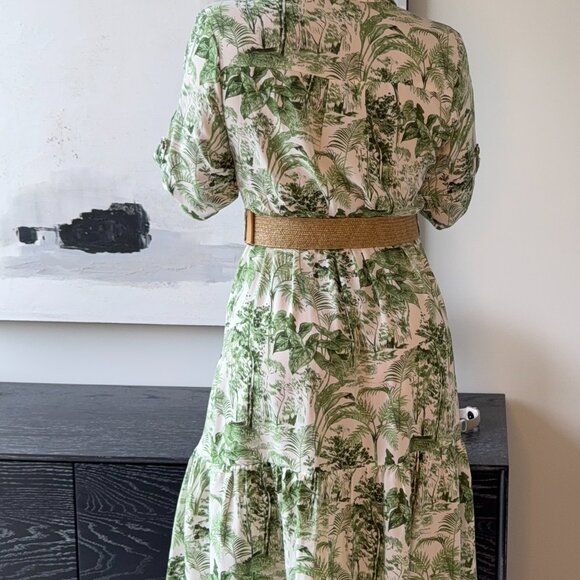 MILK&HONEY/GREEN & WHITE VINTAGE TOILE/BELTED SUMMER DRESS/SIZE: SMALL - Picture 2 of 6